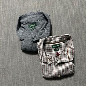 Orvis Mens Classic Fit Shirt Bundle Gingham Cotton & Grey Hemp Blend Size M